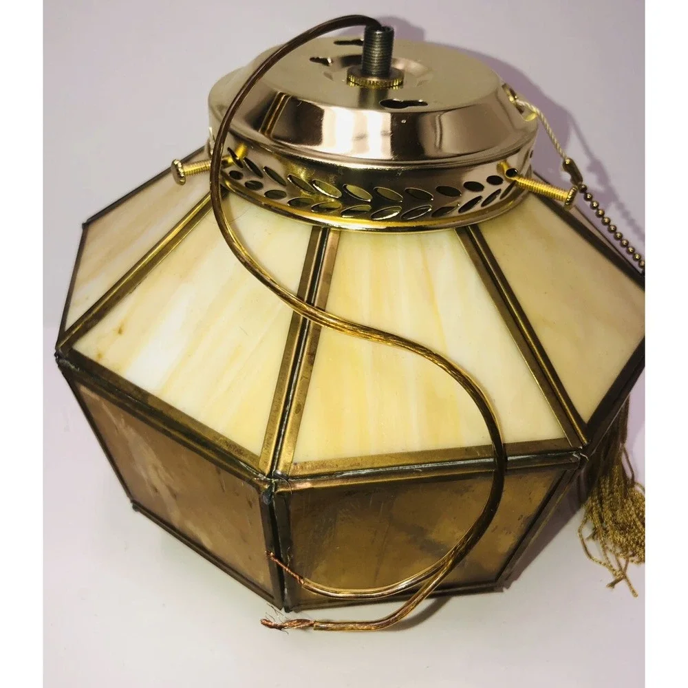 Vintage Amber Caramel Stained Glass Panels Lamp‎ Shade Ceiling Hanging Octagon